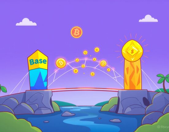 A cartoon illustration of a glowing bridge connecting the Base and Solana blockchain networks, symbolizing the new Base Solana bridge and seamless crypto transfers.