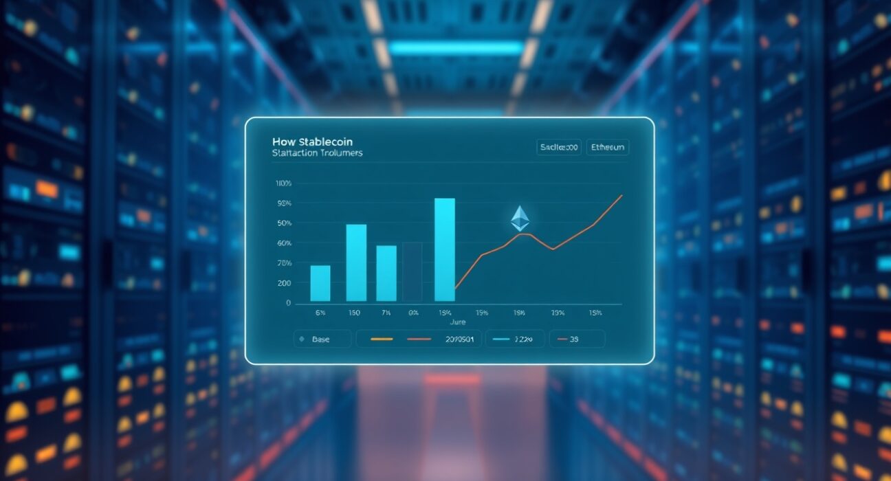 Digital dashboard comparing Base and Ethereum stablecoin transaction volumes in June
