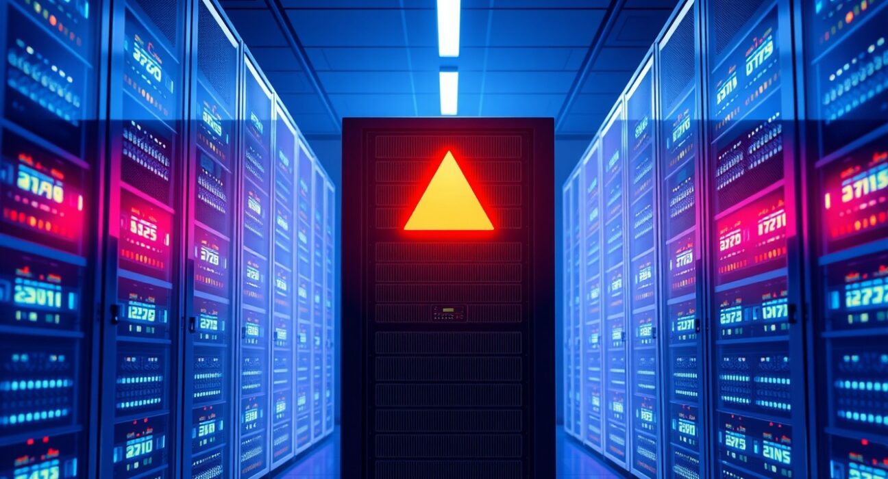 Data center server rack with red warning light indicating a network halt on Base blockchain