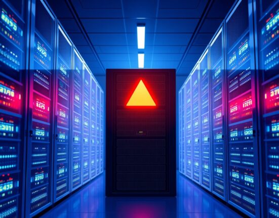 Data center server rack with red warning light indicating a network halt on Base blockchain
