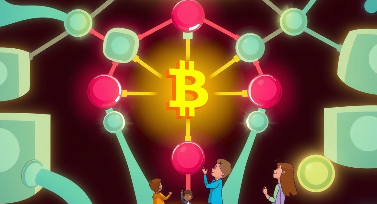 A vibrant cartoon illustration showing a digital network exploring a new Base token, symbolizing innovation and future potential.