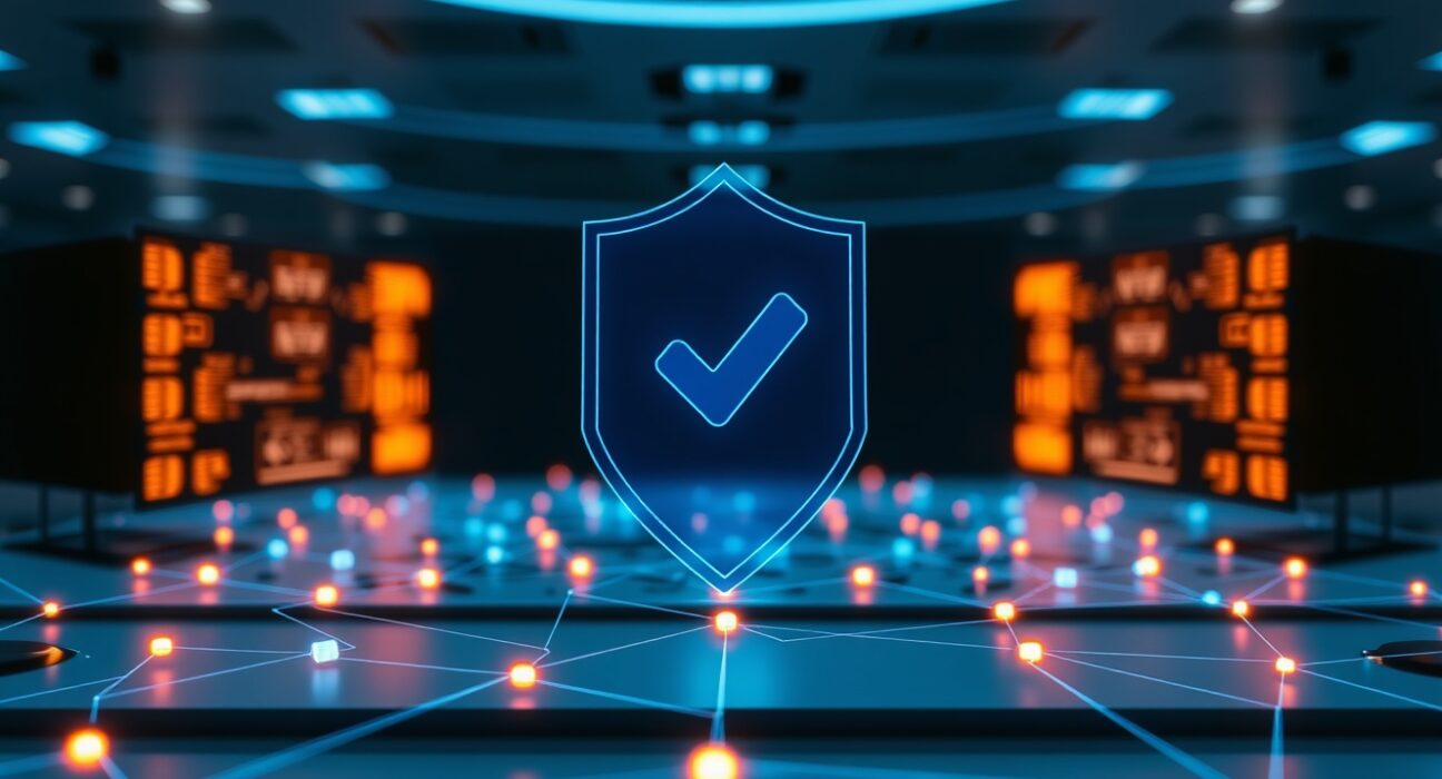 Digital verification badge over a blockchain network visualization representing Base's on-chain identity feature