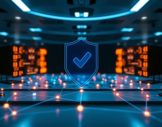 Digital verification badge over a blockchain network visualization representing Base's on-chain identity feature