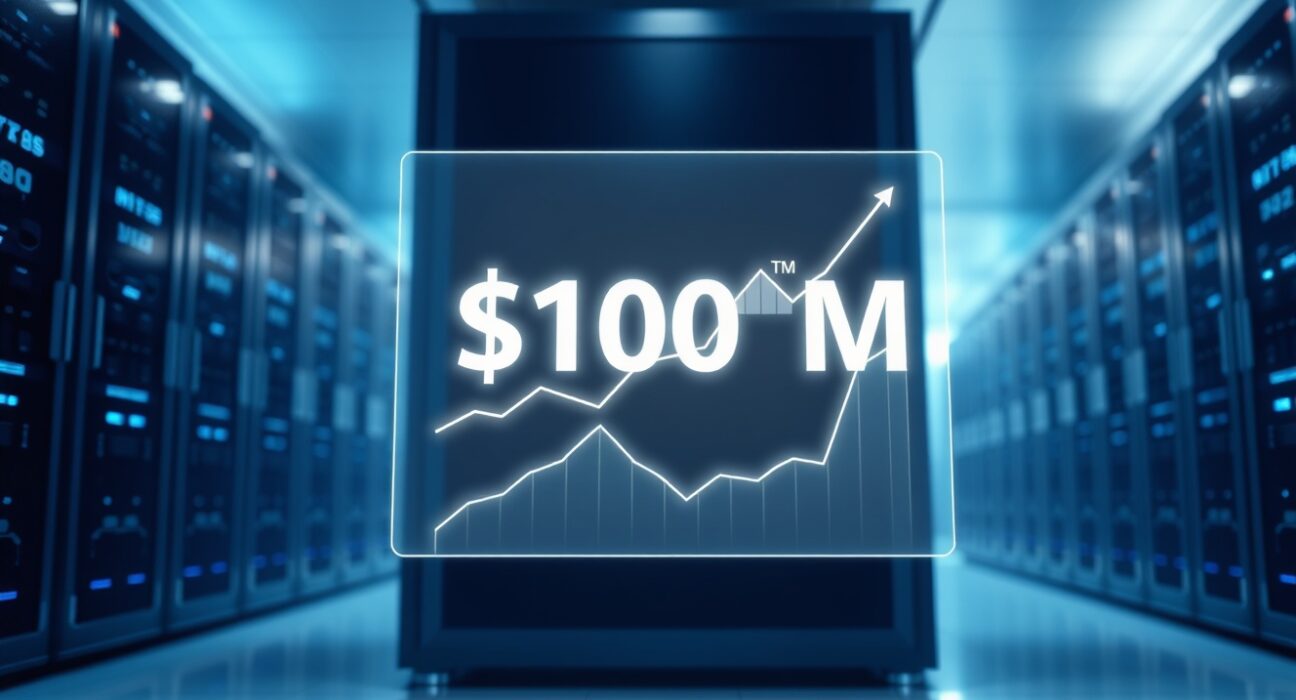 Data center with holographic display showing $100M stablecoin payment milestone