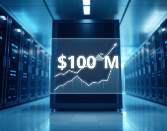 Data center with holographic display showing $100M stablecoin payment milestone