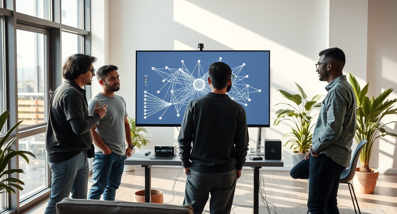 Team of engineers at Base44's Bay Area office collaborating on a custom AI model development.