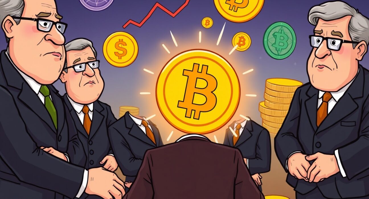 Bankers carefully reviewing documents and digital asset charts, symbolizing the Basel Committee's crucial review of crypto regulations for banks.