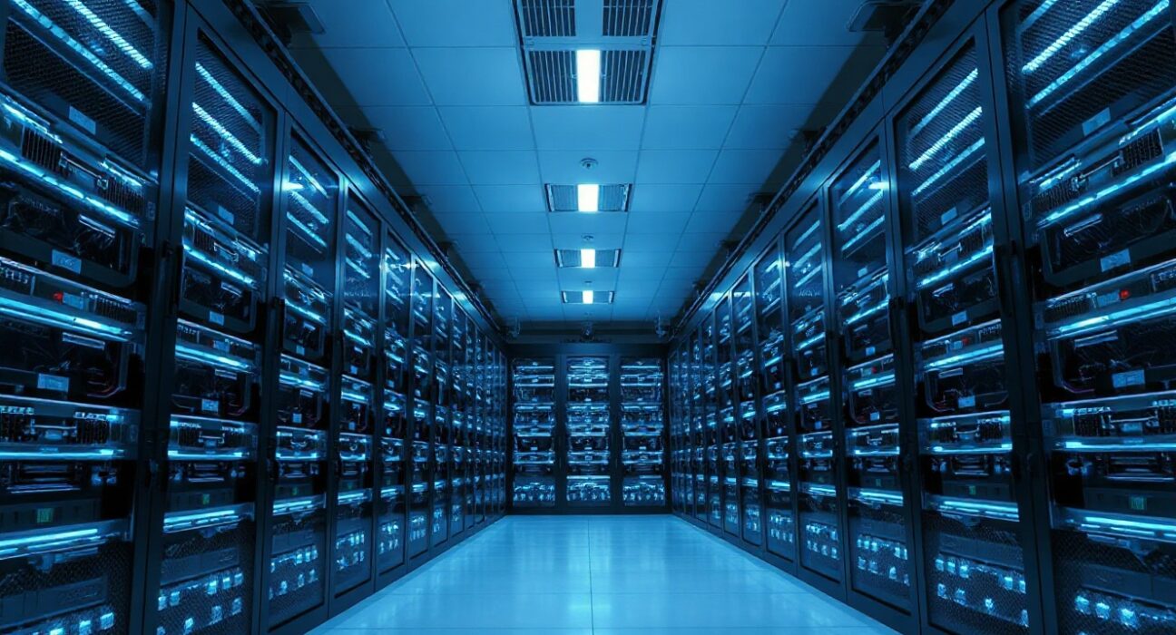 Interior of a modern AI data center with glowing server racks