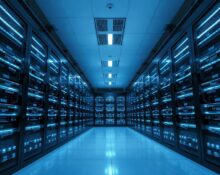 Interior of a modern AI data center with glowing server racks