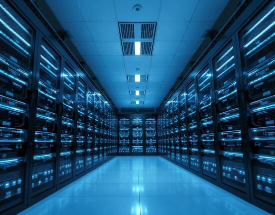 Interior of a modern AI data center with glowing server racks