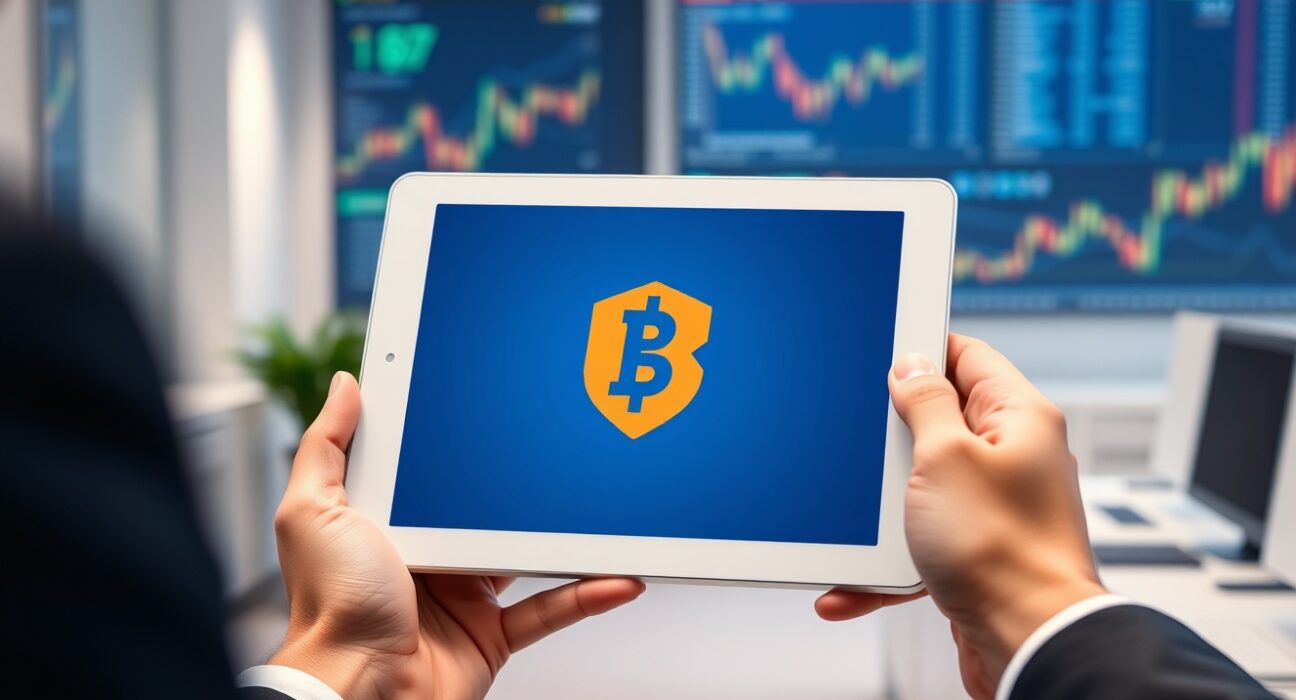 Brave browser tablet showing BAT token logo in a professional office setting with financial charts in background