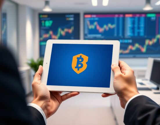 Brave browser tablet showing BAT token logo in a professional office setting with financial charts in background