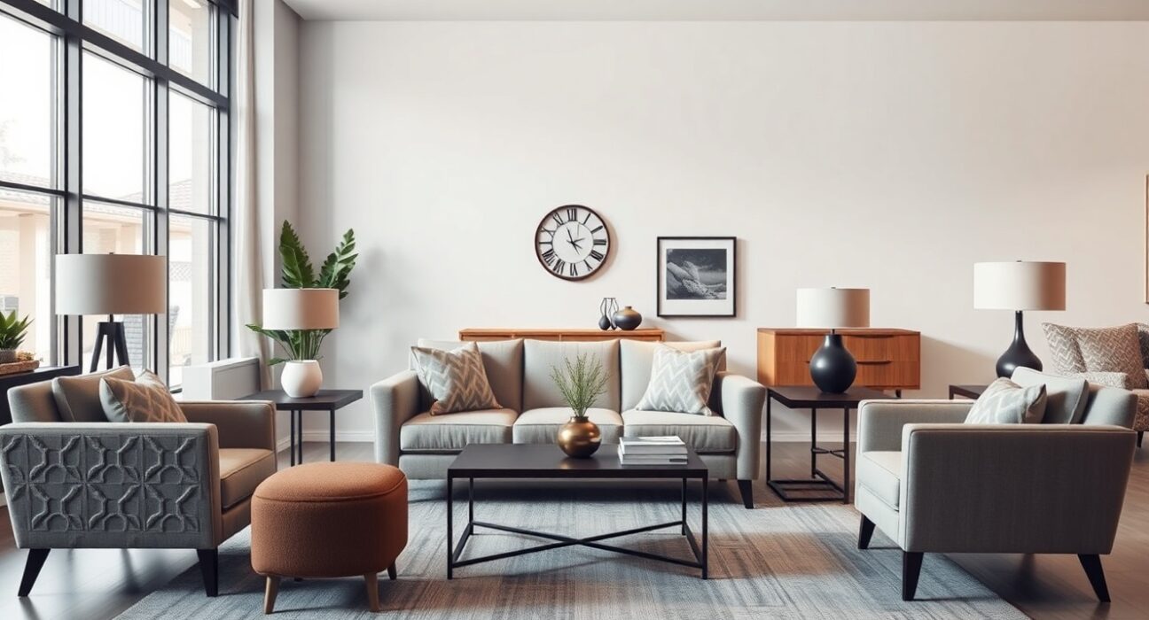 Modern furniture showroom interior with sofas and coffee table