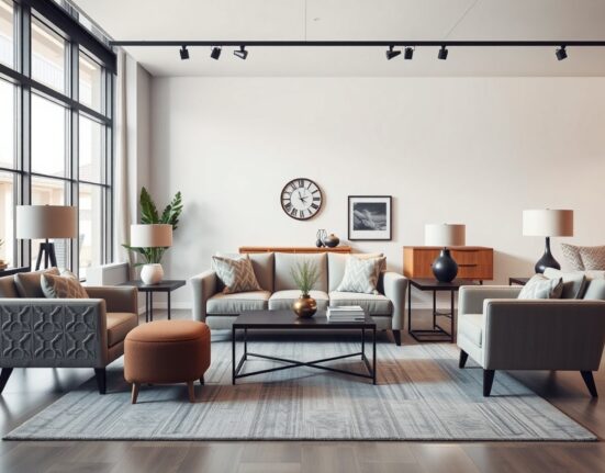 Modern furniture showroom interior with sofas and coffee table