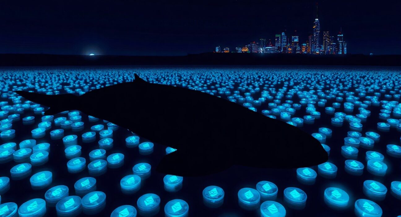 Silhouette of a whale swimming in a digital ocean of Ethereum tokens, representing a crypto whale selling ETH.