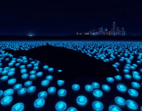 Silhouette of a whale swimming in a digital ocean of Ethereum tokens, representing a crypto whale selling ETH.