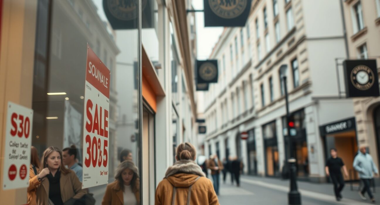 Shoppers on a Munich street with sale signs, reflecting steady inflation in Bavaria