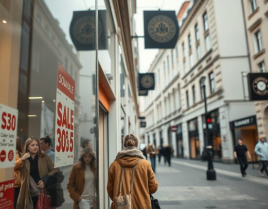 Shoppers on a Munich street with sale signs, reflecting steady inflation in Bavaria