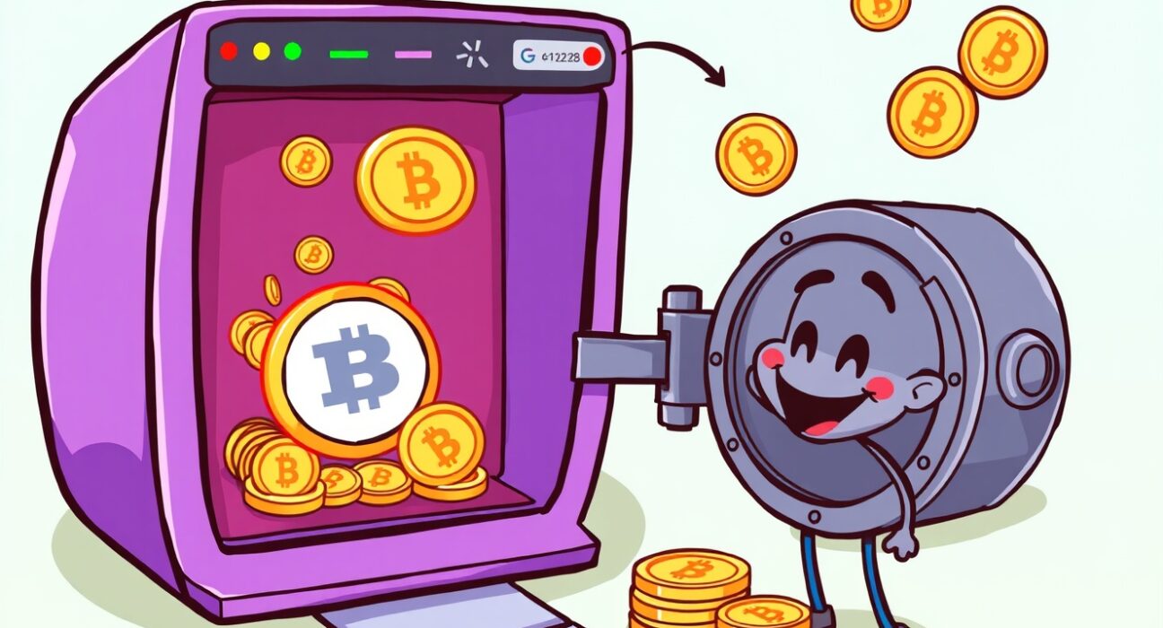 Cartoon showing trade fees flowing into a vault, representing BounceBit's proposed BB buybacks to enhance token value.