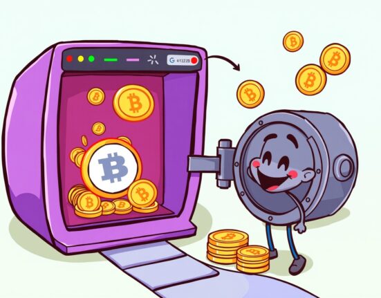 Cartoon showing trade fees flowing into a vault, representing BounceBit's proposed BB buybacks to enhance token value.