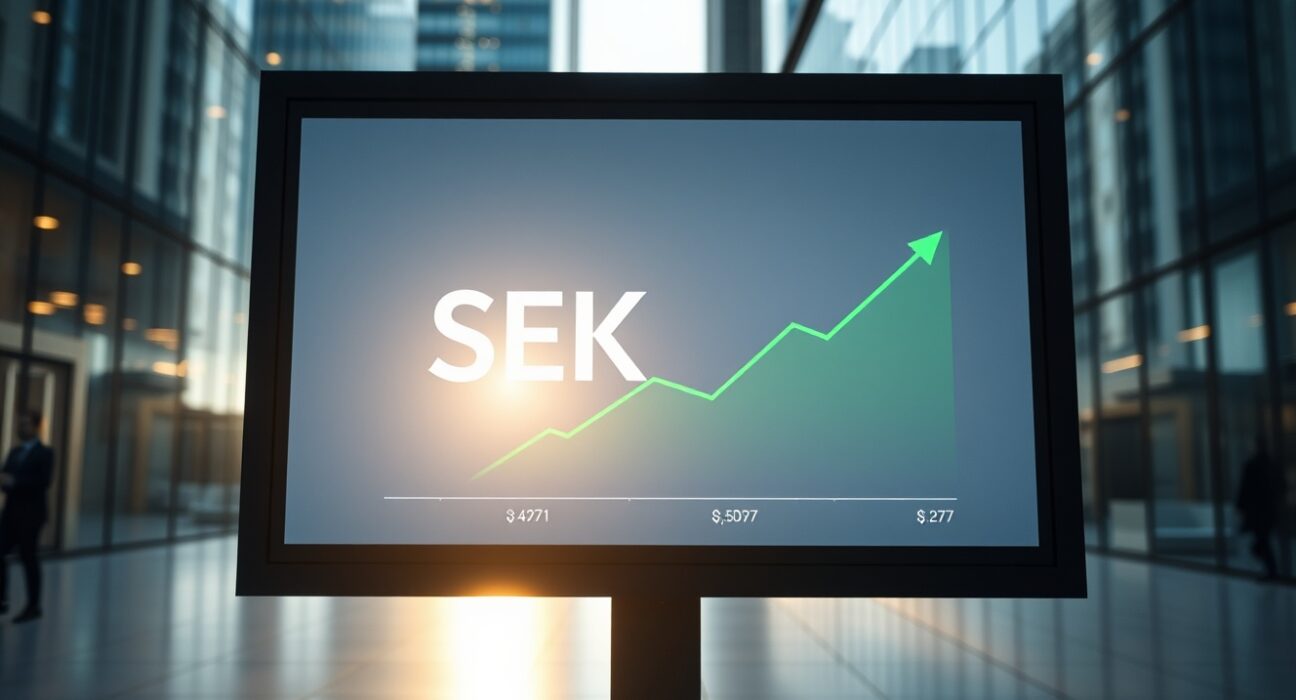 Swedish krona currency symbol on a digital exchange board with an upward trending chart in a Stockholm financial district.