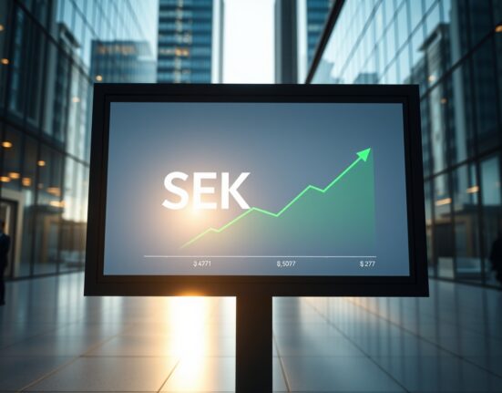 Swedish krona currency symbol on a digital exchange board with an upward trending chart in a Stockholm financial district.