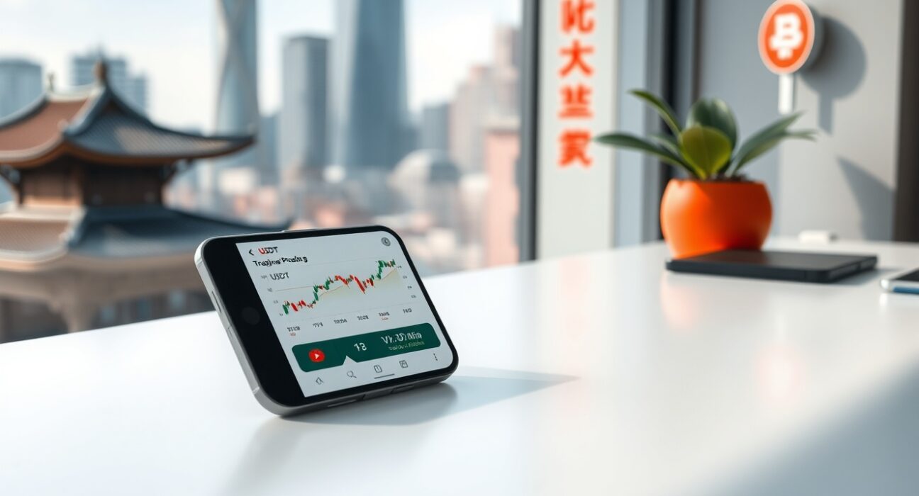 Smartphone displaying a trading app with USDT and stock charts on a desk with a blurred Asian city skyline background