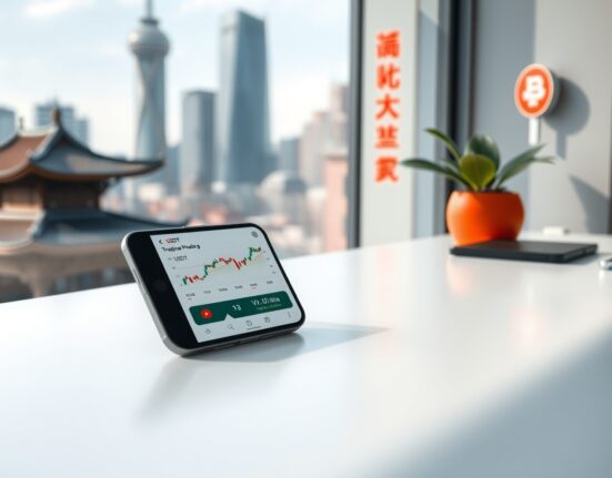 Smartphone displaying a trading app with USDT and stock charts on a desk with a blurred Asian city skyline background