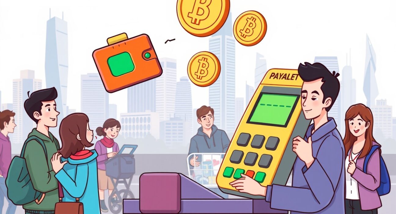 A vibrant cartoon illustration showing the seamless integration of stablecoin payment technology into daily transactions, bridging digital wallets with traditional card systems.