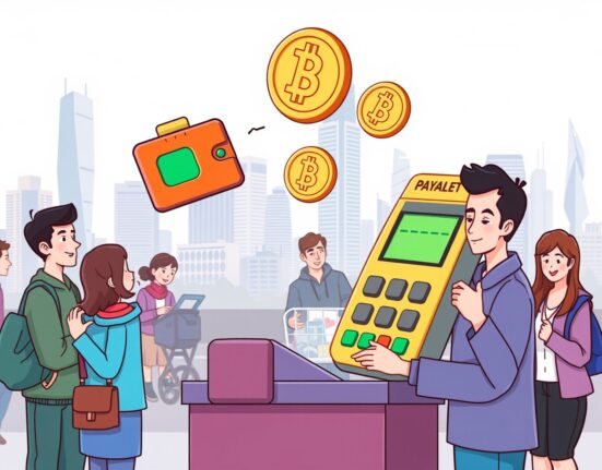 A vibrant cartoon illustration showing the seamless integration of stablecoin payment technology into daily transactions, bridging digital wallets with traditional card systems.