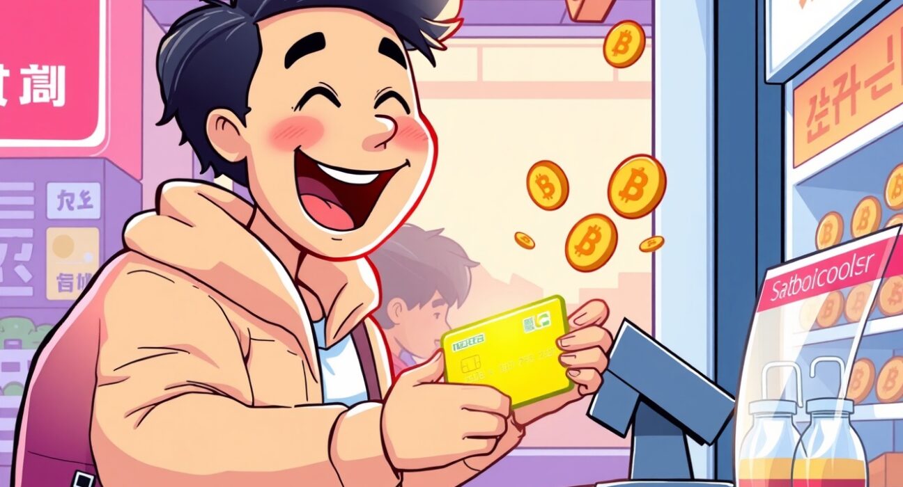 Foreign tourist using stablecoin payments via digital card at a South Korean merchant in a vibrant cartoon scene.
