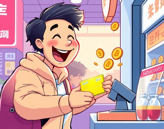 Foreign tourist using stablecoin payments via digital card at a South Korean merchant in a vibrant cartoon scene.