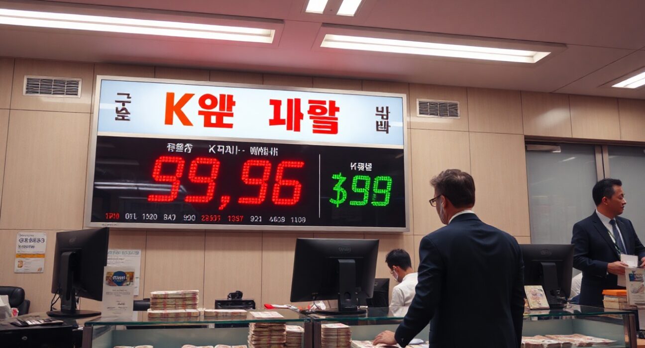 Currency trader monitoring Korean won exchange rate on digital display in Seoul office