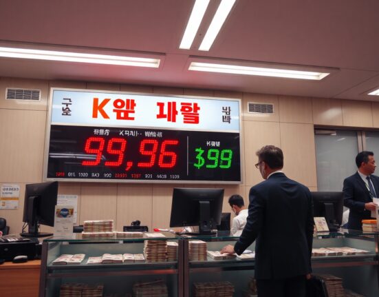 Currency trader monitoring Korean won exchange rate on digital display in Seoul office