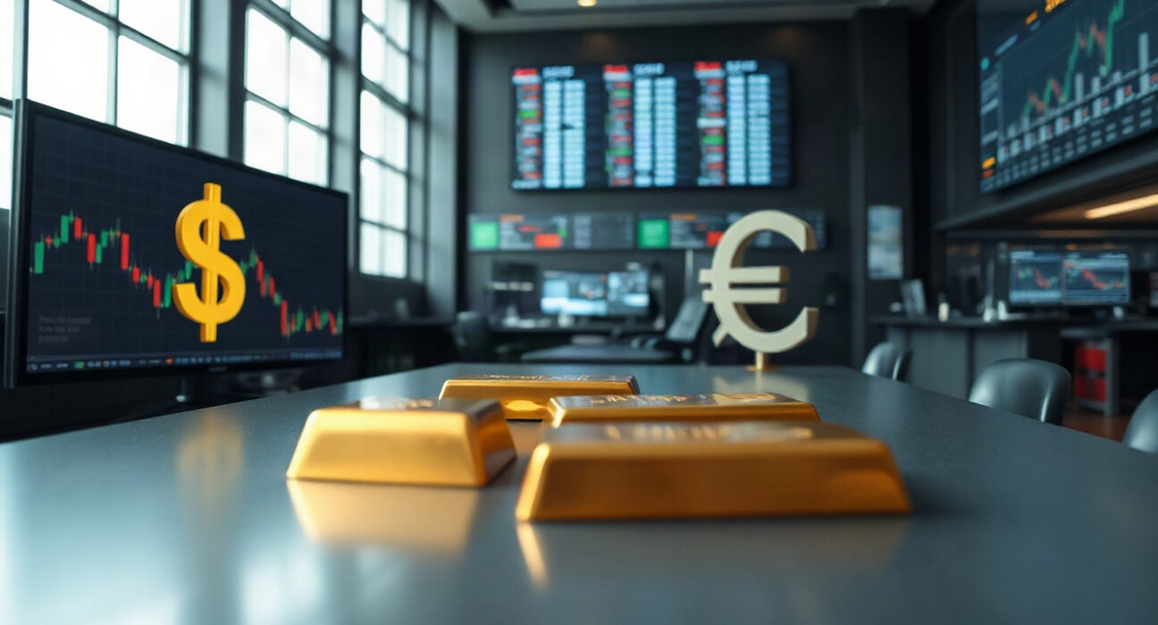 Currency exchange board showing USD, EUR, JPY and gold bars in a financial district