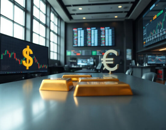 Currency exchange board showing USD, EUR, JPY and gold bars in a financial district