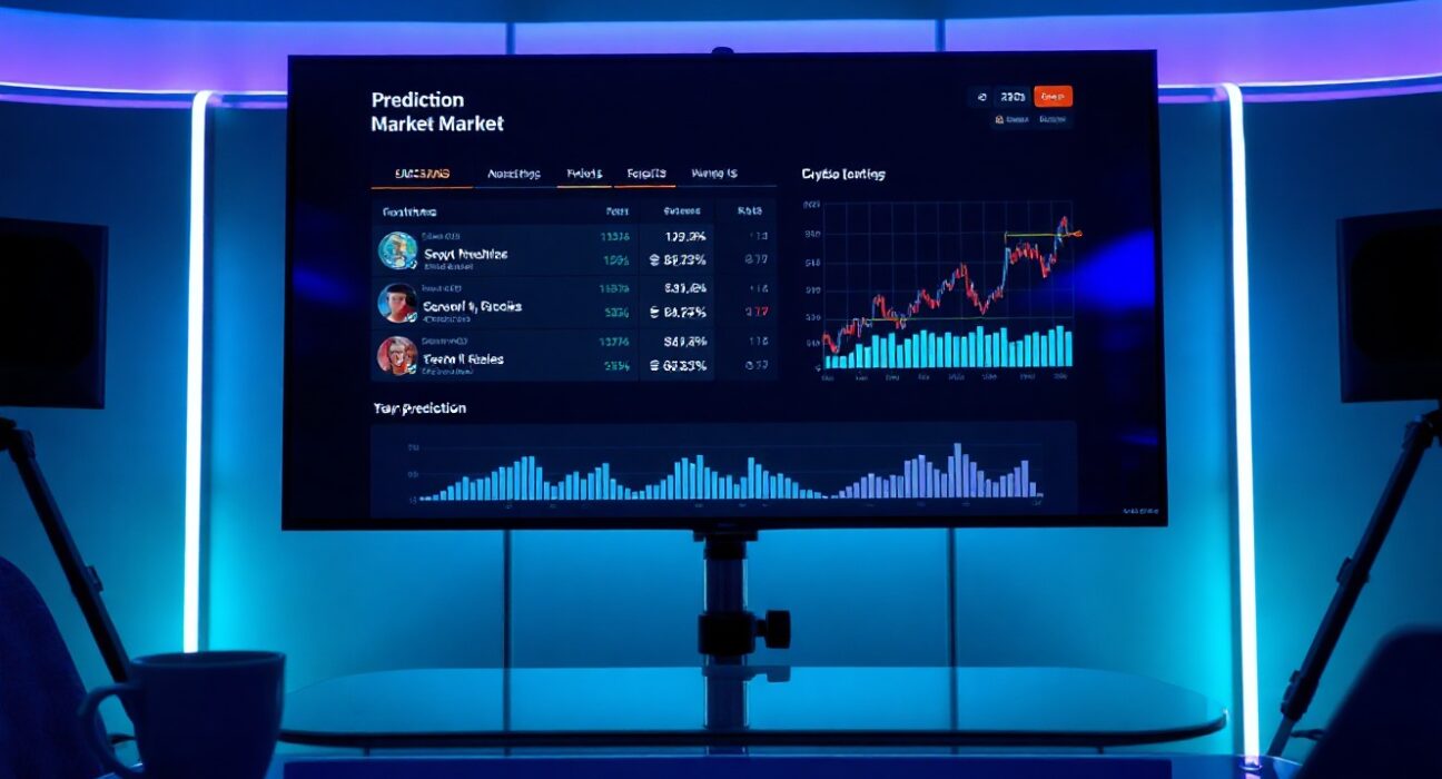 Digital prediction market dashboard on a screen showing sports and cryptocurrency event cards