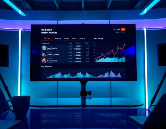 Digital prediction market dashboard on a screen showing sports and cryptocurrency event cards