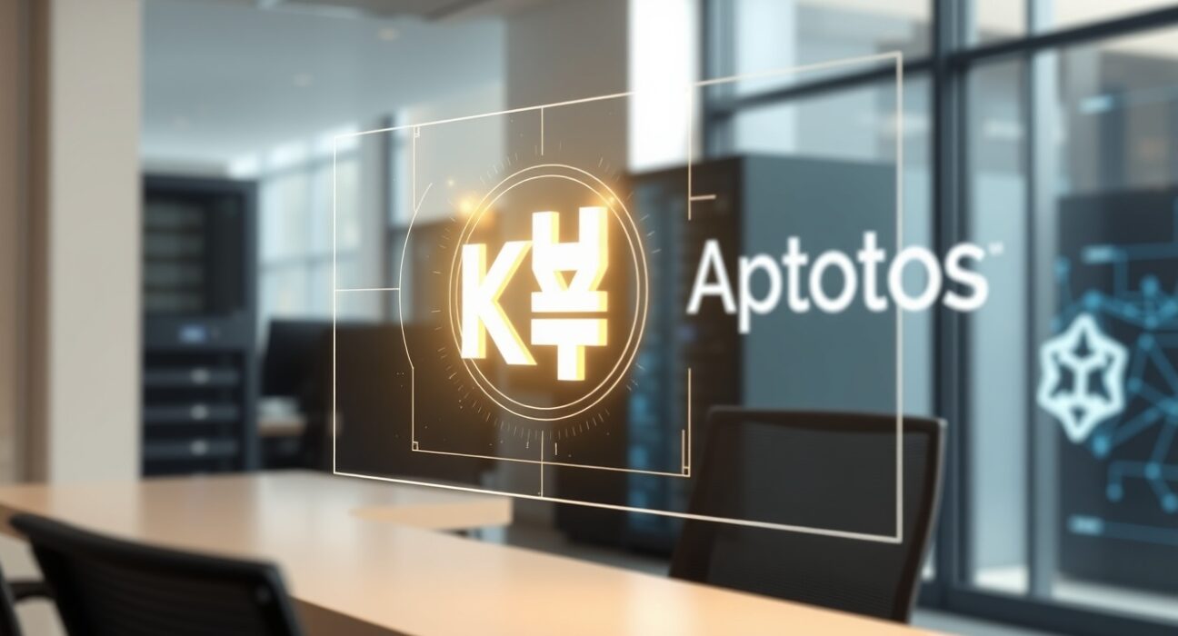 Digital representation of a Korean won stablecoin with Aptos blockchain branding in a modern fintech setting