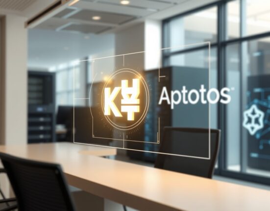 Digital representation of a Korean won stablecoin with Aptos blockchain branding in a modern fintech setting