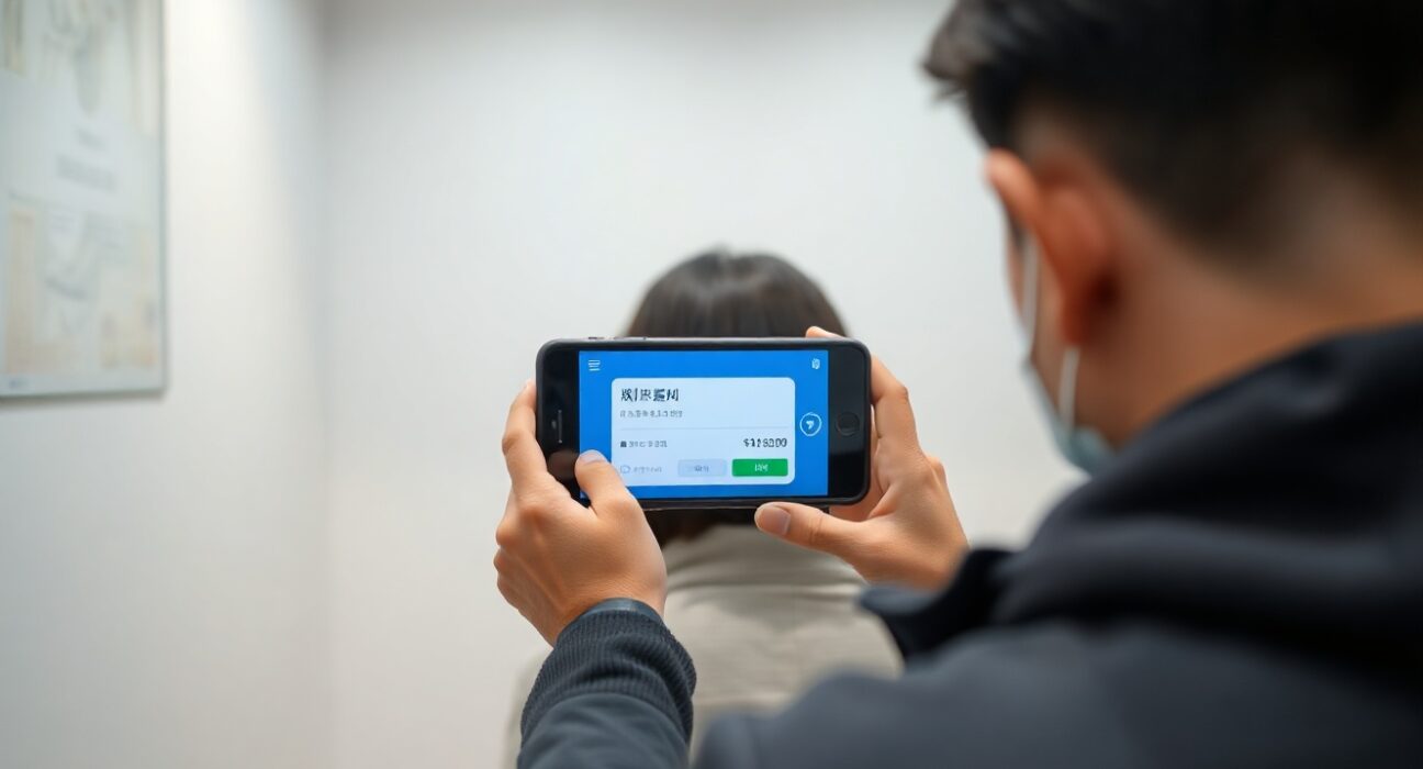 Customer using smartphone for digital payment at a Life4Cuts self-photo booth