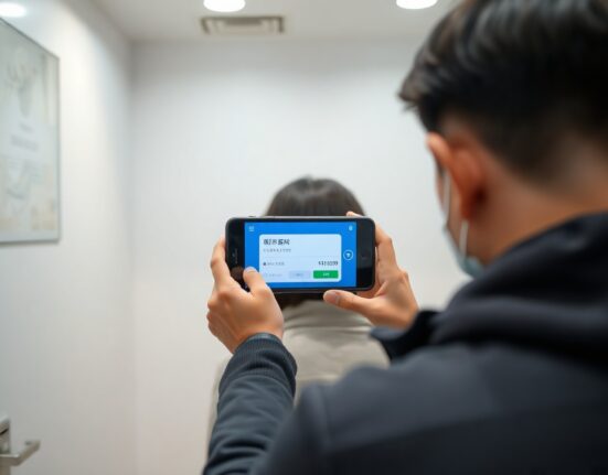 Customer using smartphone for digital payment at a Life4Cuts self-photo booth