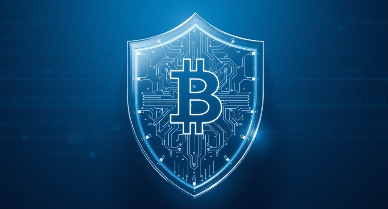 Beam cryptocurrency privacy technology represented as a digital shield with blockchain circuitry
