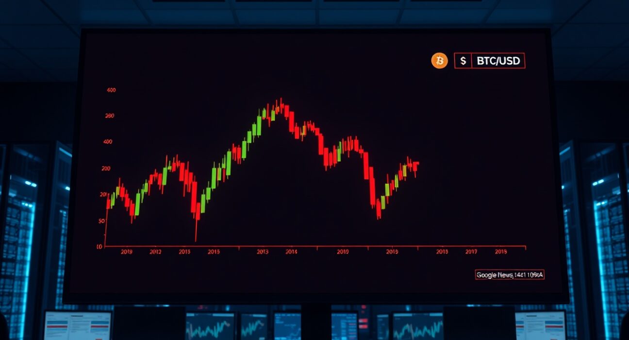 Bitcoin price chart showing downward trend in a dimly lit trading environment