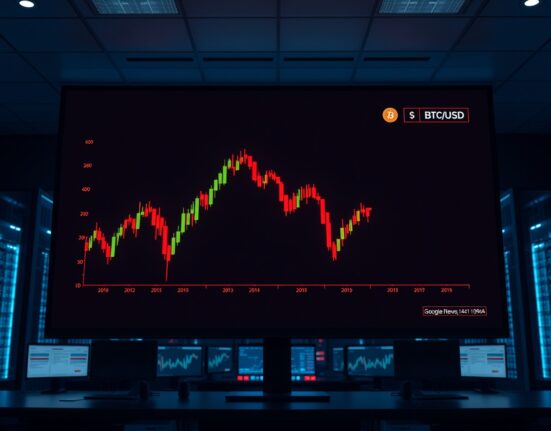 Bitcoin price chart showing downward trend in a dimly lit trading environment
