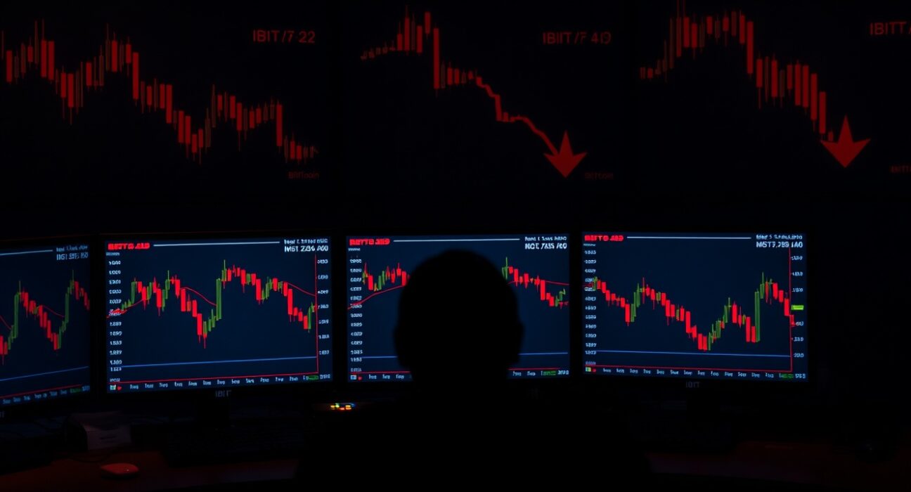 Trading desk monitors show Bitcoin price decline and bearish options data for IBIT and MSTR