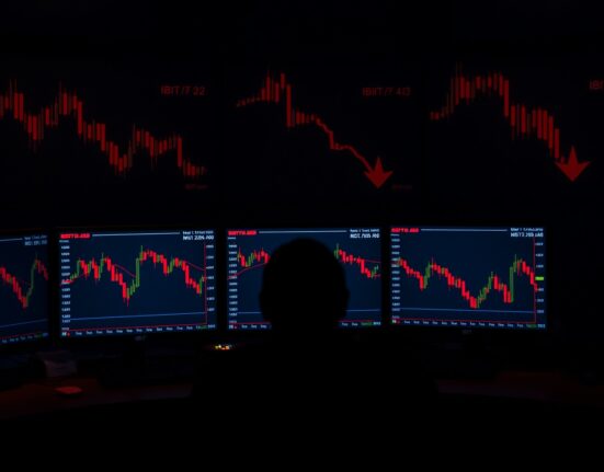 Trading desk monitors show Bitcoin price decline and bearish options data for IBIT and MSTR