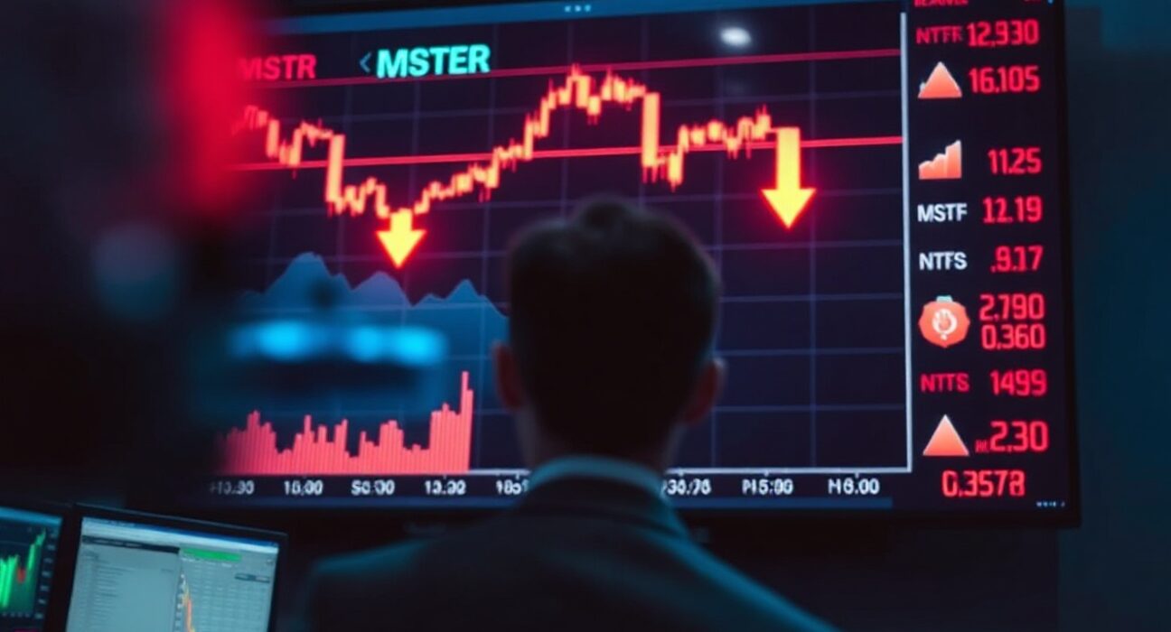A trading floor screen showing a sharp decline in MSTR stock price with red bearish indicators.