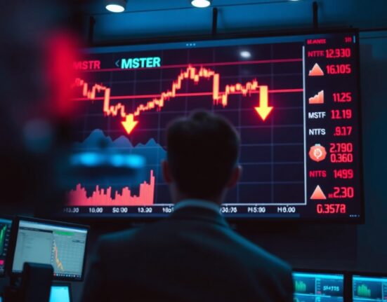 A trading floor screen showing a sharp decline in MSTR stock price with red bearish indicators.