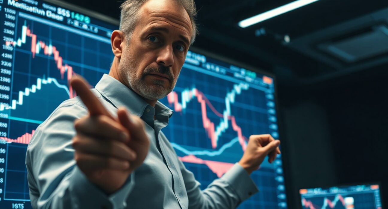 Financial analyst points to a bearish Elliott Wave pattern on a large digital stock chart.